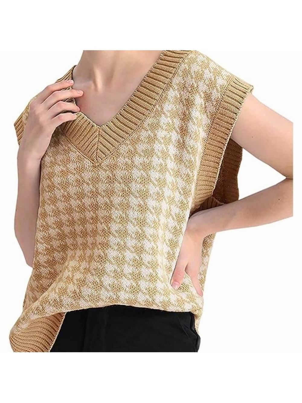Sweater Vest Camel Tan Houndstooth V Neck Size L